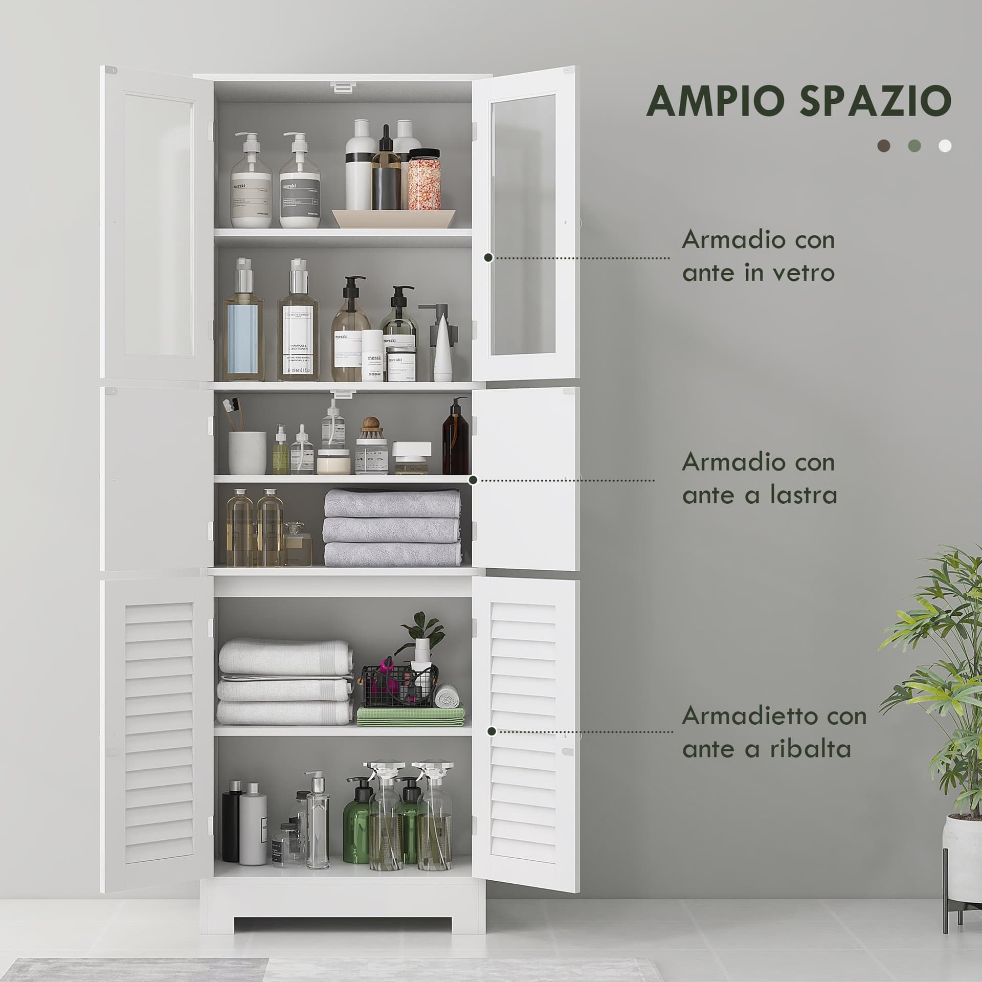 HOMCOM Mobile Colonna Bagno con 3 Armadietti e Ante in Vetro e a Persiana, 60x30x170.5cm, Bianco | Dimensioni 60.00 × 30.00 × 170.50 cm - 4