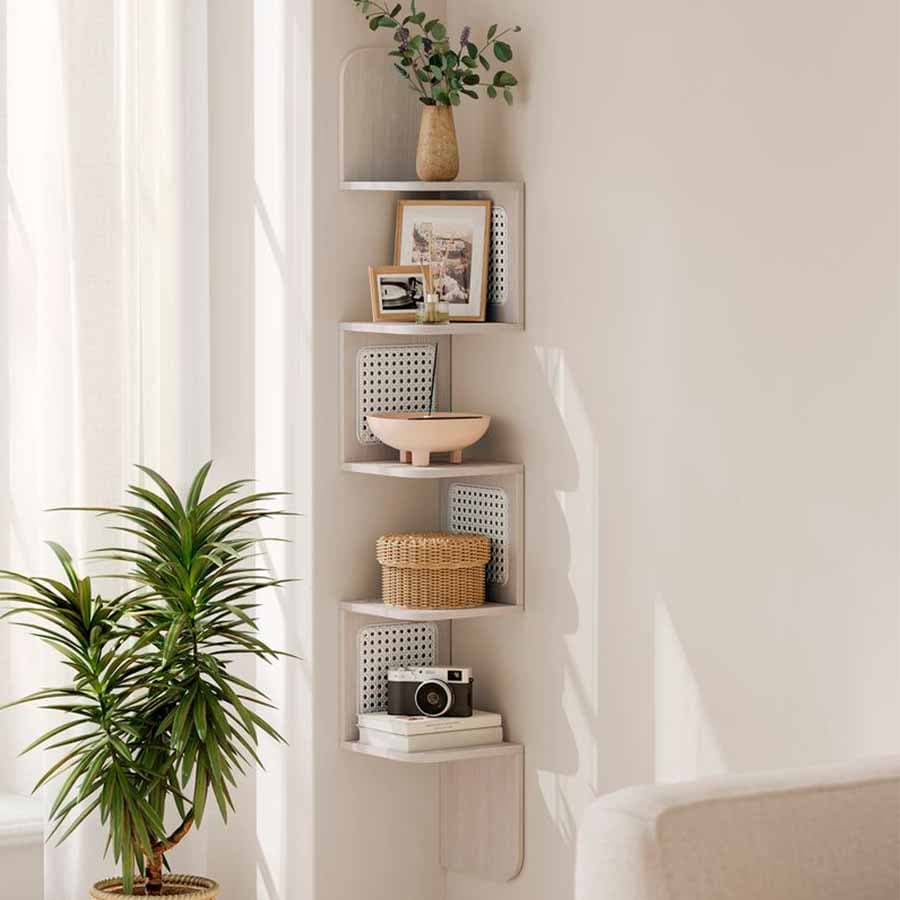 Mensola angolare da parete, Libreria angolare sospesa a 5 ripiani, Mensola per piante per camera da letto, soggiorno, bagno, ufficio, marrone rustico ULBC72BX | Dimensioni 130.00 × 30.00 × 20.00 cm | EAN 194343183367 - 5