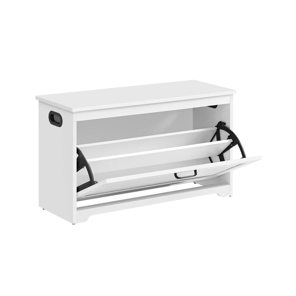 VASAGLE LHS120T10 Panca Scarpiera Bianca 80 × 30 × 46 cm in Pannello Truciolare e MDF, Porta Ribaltabile, Divisorio Interno Regolabile, Maniglie Laterali Integrate, Seduta con Portata Statica Massima 100 kg, Peso 13,1 kg, per Ingresso