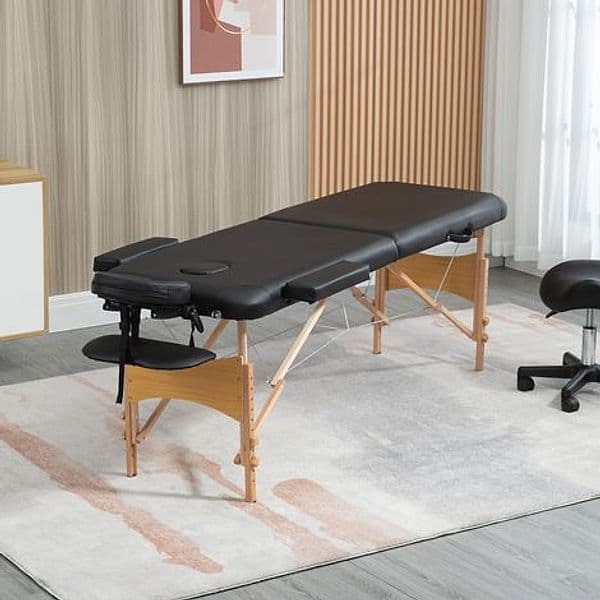 HOMCOM 5550-3291 Lettino da Massaggio Professionale Pieghevole in Legno di Faggio, Nero, 210 x 81 cm, Altezza Regolabile 67-92 cm, Poggiatesta 0-90°, Braccioli e Borsa di Trasporto, Imbottito in Finta Pelle, Portata 250 kg