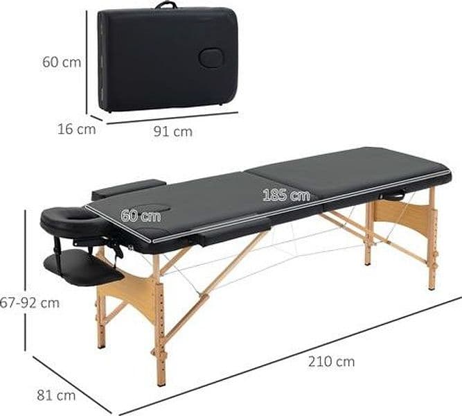 HOMCOM 5550-3291 Lettino da Massaggio Professionale Pieghevole in Legno di Faggio, Nero, 210 x 81 cm, Altezza Regolabile 67-92 cm, Poggiatesta 0-90°, Braccioli e Borsa di Trasporto, Imbottito in Finta Pelle, Portata 250 kg - 2
