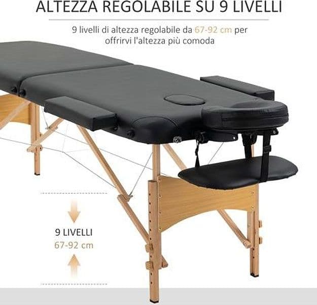 HOMCOM 5550-3291 Lettino da Massaggio Professionale Pieghevole in Legno di Faggio, Nero, 210 x 81 cm, Altezza Regolabile 67-92 cm, Poggiatesta 0-90°, Braccioli e Borsa di Trasporto, Imbottito in Finta Pelle, Portata 250 kg - 3