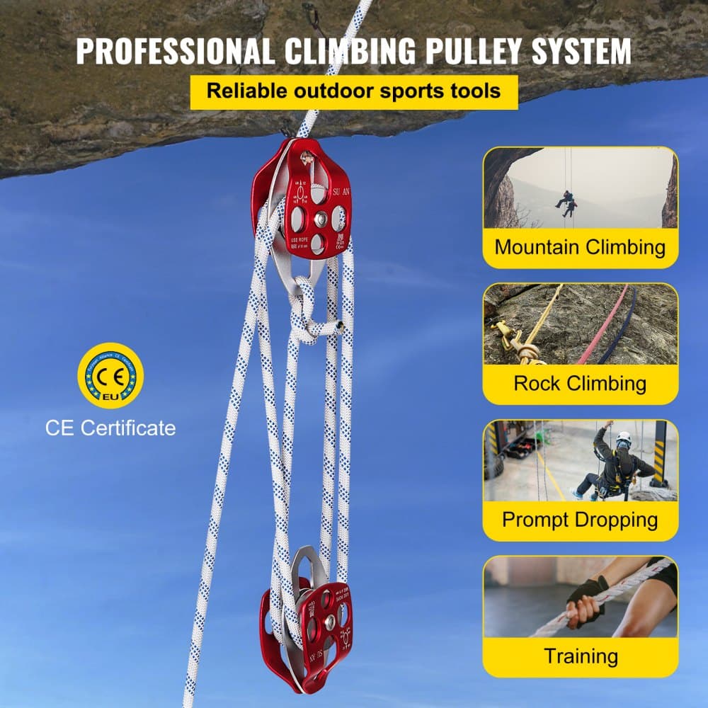 Bozzello a Doppia Puleggia, Diametro 12 mm Lunghezza 30 m Sistema di Carrucole e Paranchi con Corda a Treccia 30 a 35 KN Sistema di Carrucole da Arrampicata, Doppia Puleggia di Traino | Dimensioni 30.00 × 20.00 × 15.00 cm - 2