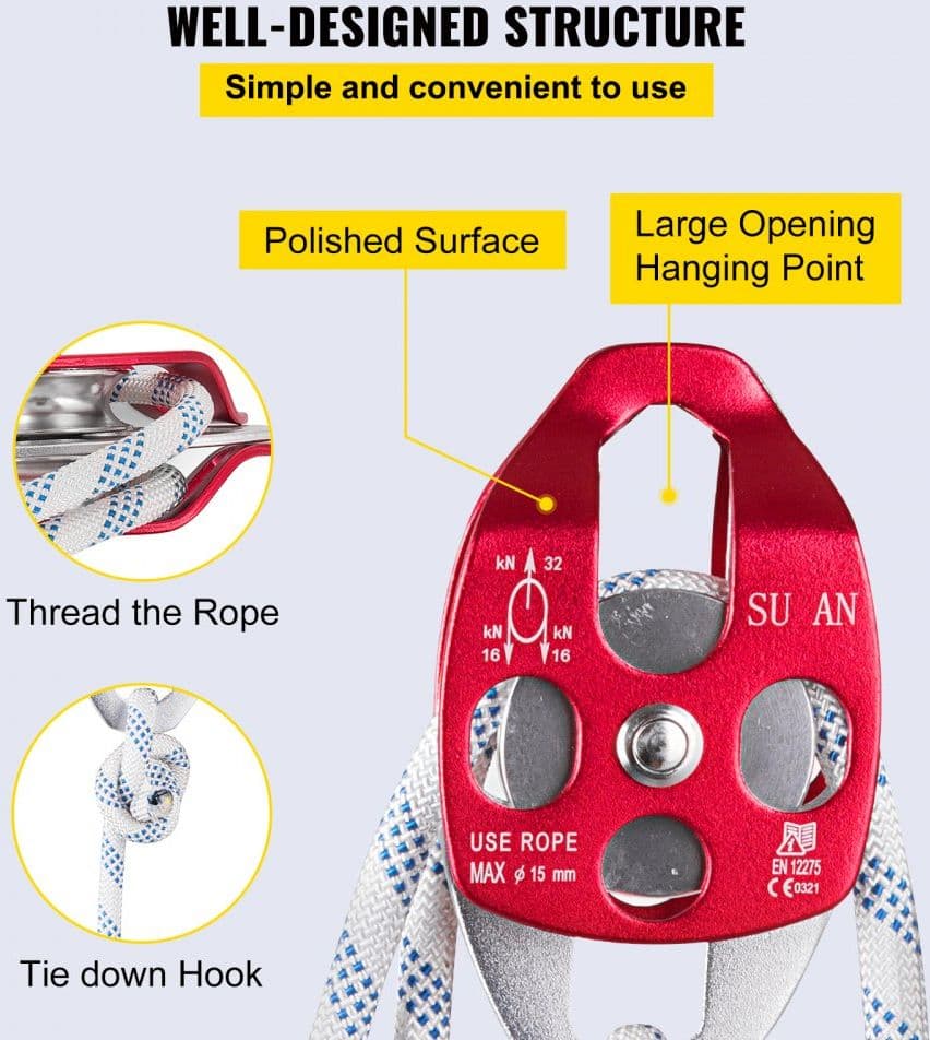 Bozzello a Doppia Puleggia, Diametro 12 mm Lunghezza 30 m Sistema di Carrucole e Paranchi con Corda a Treccia 30 a 35 KN Sistema di Carrucole da Arrampicata, Doppia Puleggia di Traino | Dimensioni 30.00 × 20.00 × 15.00 cm - 5