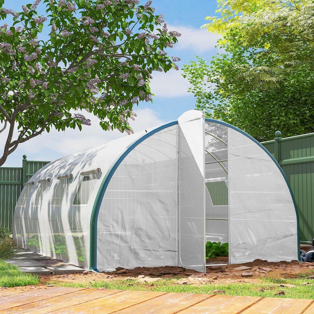 Outsunny 84H-033V00WT Serra Tunnel da Giardino 6 x 3 x 2 m, Superficie 18 m², Telaio in Acciaio Zincato e Copertura PE Bianca 140 g/m², 8 Finestre a Rete, 2 Porte con Chiusura, Bordi Interrabili da 20 cm, Resistenza al Vento Livello 6 - 2