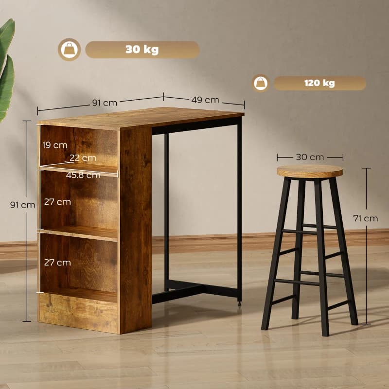 HOMCOM Set da Pranzo con Bancone Bar con 3 Ripiani e 2 Sgabelli Alti con Poggiapiedi Stile Industriale, Marrone | Modello Rettangolare | Dimensioni 120.00 × 70.00 × 20.00 cm - 2