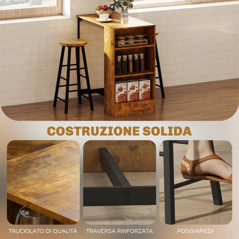 HOMCOM Set da Pranzo con Bancone Bar con 3 Ripiani e 2 Sgabelli Alti con Poggiapiedi Stile Industriale, Marrone | Modello Rettangolare | Dimensioni 120.00 × 70.00 × 20.00 cm - 4