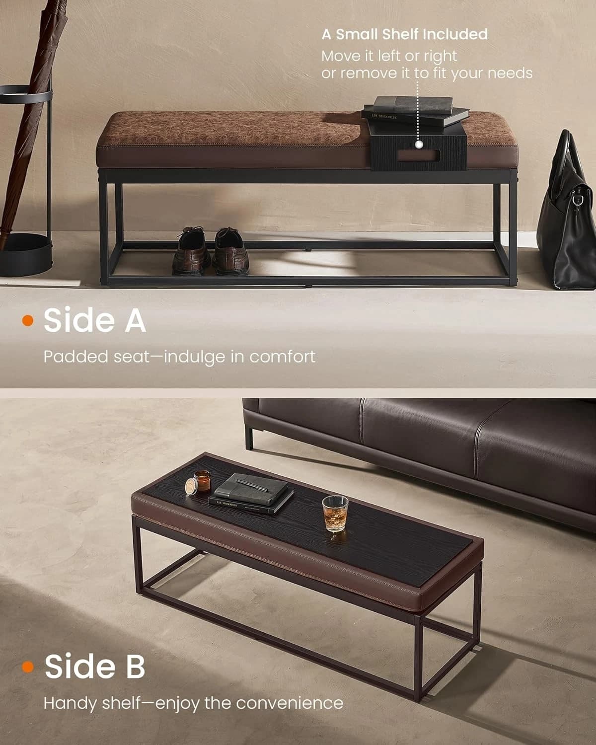 VASAGLE LOM081K01V1 Panca Contenitore con Piano Reversibile Imbottito e Rigido, Ripiano Rimovibile, Struttura in Legno e Acciaio, Schiuma e Tessuto, Marrone Noce e Antracite, 112 x 43 x 40 cm, Portata 300 kg, per Ingresso, Camera e Soggiorno - 3
