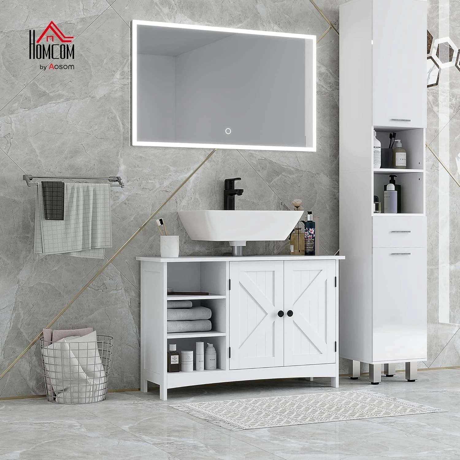 kleankin Mobile Sottolavabo a Terra 834-651V00WT, Armadietto Bagno in MDF Bianco con 2 Ante, 3 Ripiani Aperti Regolabili, Intaglio a U e Sistema Antiribaltamento, Dimensioni 90 x 30 x 60 cm, Portata Totale 31 kg - 2