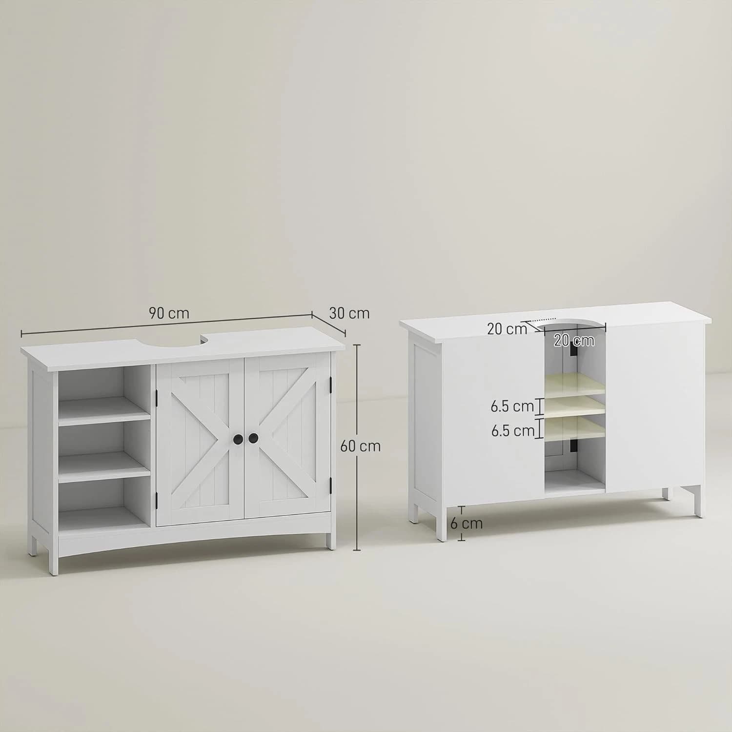 kleankin Mobile Sottolavabo a Terra 834-651V00WT, Armadietto Bagno in MDF Bianco con 2 Ante, 3 Ripiani Aperti Regolabili, Intaglio a U e Sistema Antiribaltamento, Dimensioni 90 x 30 x 60 cm, Portata Totale 31 kg - 3