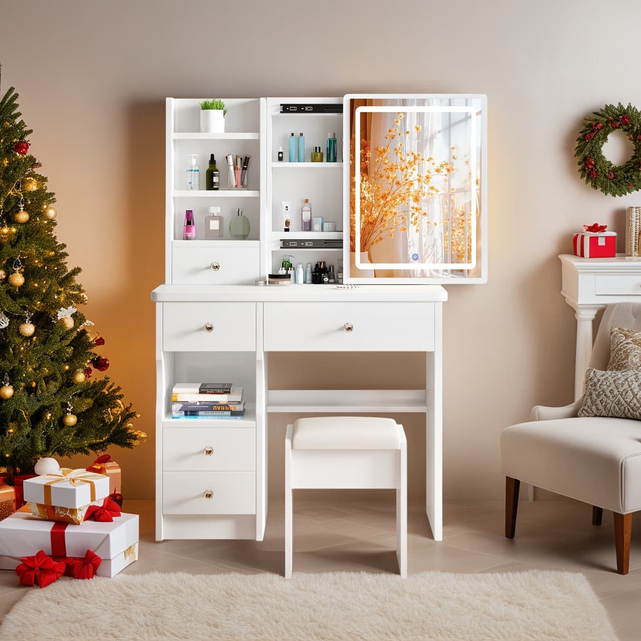 Toeletta, Tavolo da Trucco con Specchio e Illuminazione, Set di Toeletta con Cinque Cassetti, un Sgabello e Ripiani Aperti, Luminosità Regolabile con Tre Impostazioni di Luce, in Bianco | Dimensioni 120.00 × 80.00 × 30.00 cm