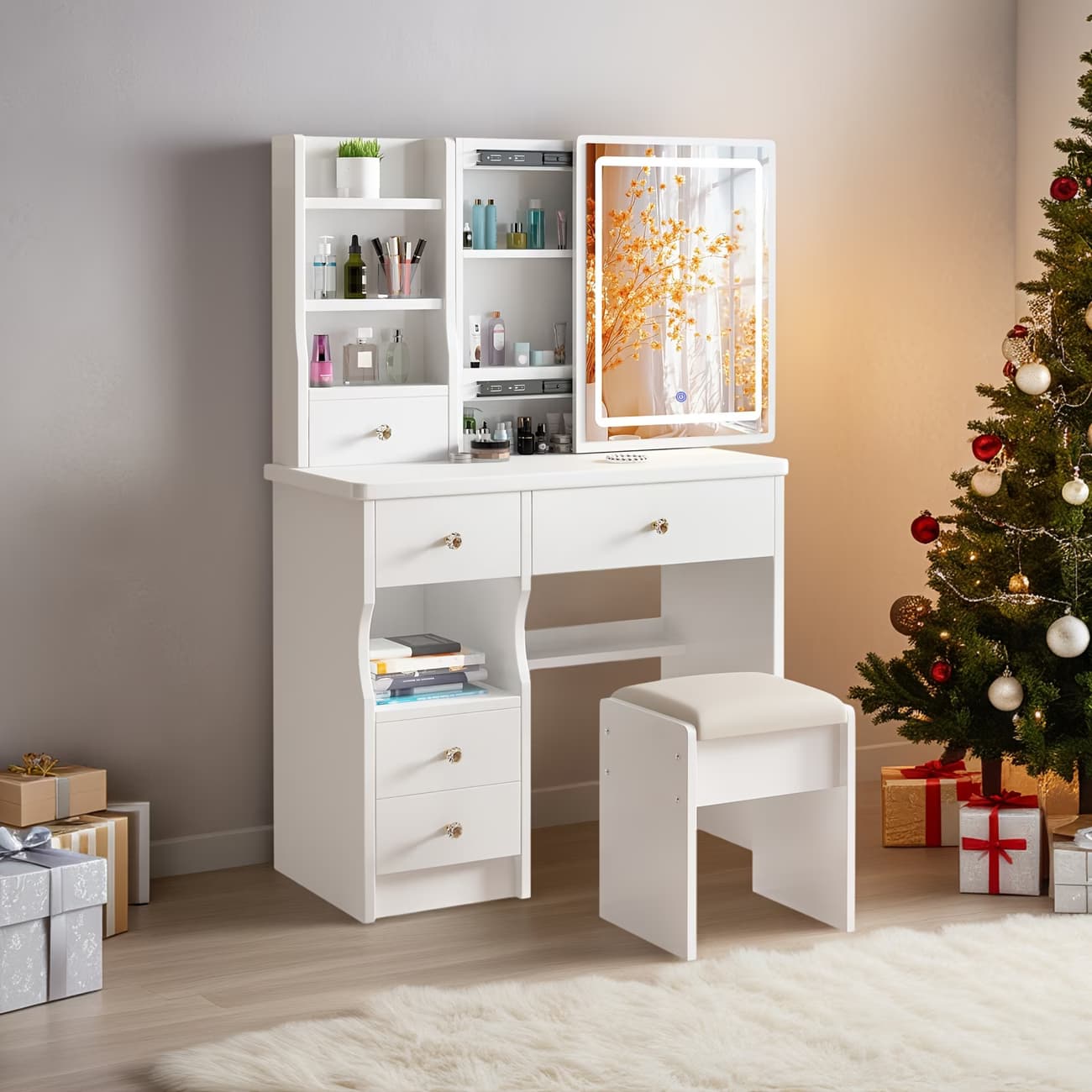 Toeletta, Tavolo da Trucco con Specchio e Illuminazione, Set di Toeletta con Cinque Cassetti, un Sgabello e Ripiani Aperti, Luminosità Regolabile con Tre Impostazioni di Luce, in Bianco | Dimensioni 120.00 × 80.00 × 30.00 cm - 2