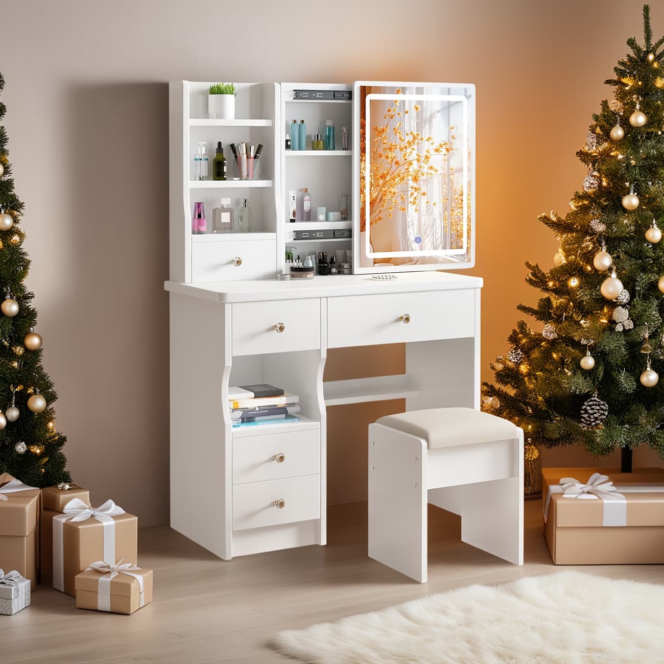 Toeletta, Tavolo da Trucco con Specchio e Illuminazione, Set di Toeletta con Cinque Cassetti, un Sgabello e Ripiani Aperti, Luminosità Regolabile con Tre Impostazioni di Luce, in Bianco | Dimensioni 120.00 × 80.00 × 30.00 cm - 3