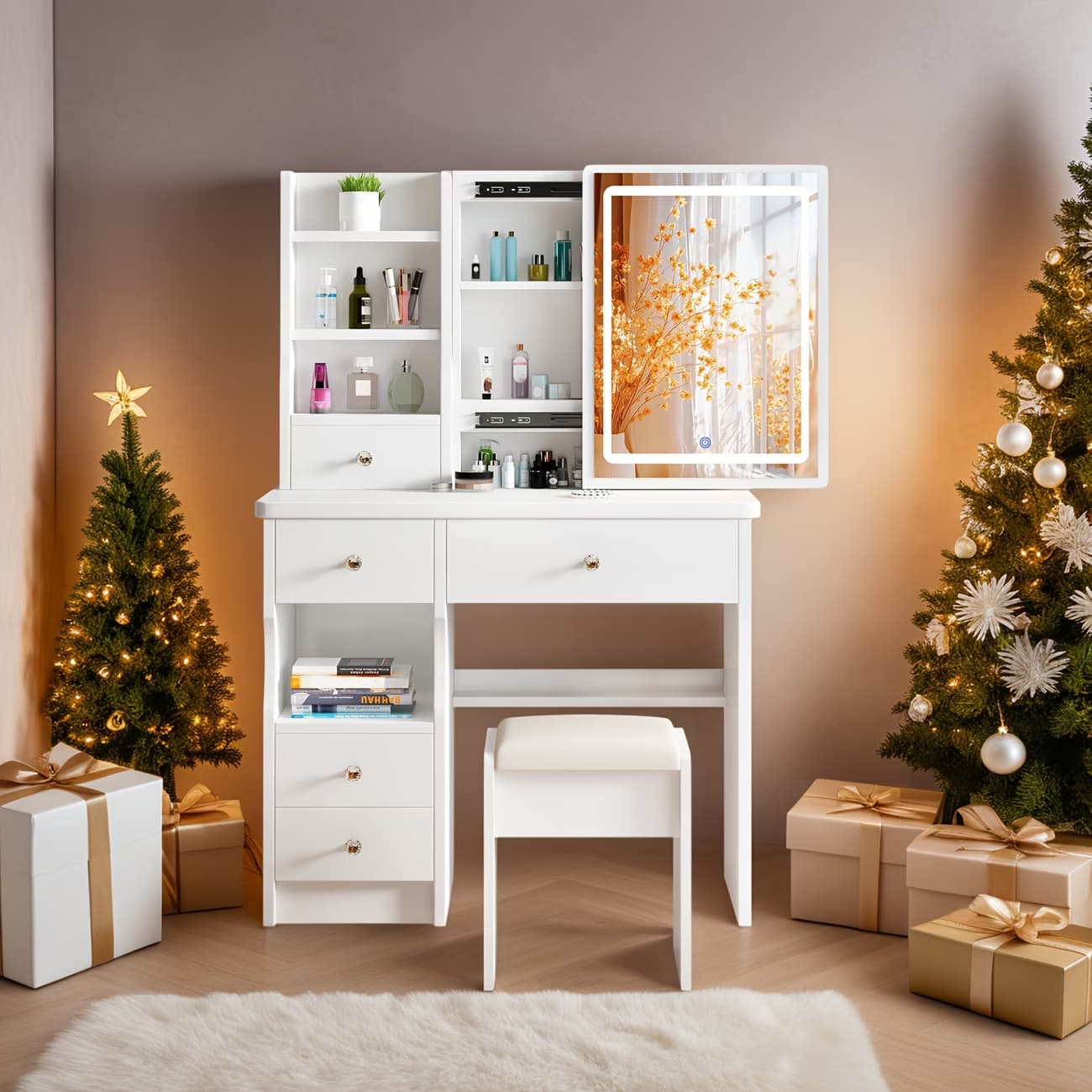 Toeletta, Tavolo da Trucco con Specchio e Illuminazione, Set di Toeletta con Cinque Cassetti, un Sgabello e Ripiani Aperti, Luminosità Regolabile con Tre Impostazioni di Luce, in Bianco | Dimensioni 120.00 × 80.00 × 30.00 cm - 4