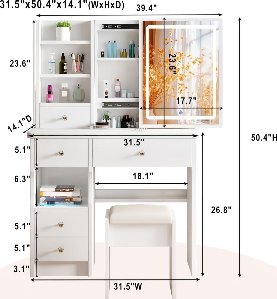 Toeletta, Tavolo da Trucco con Specchio e Illuminazione, Set di Toeletta con Cinque Cassetti, un Sgabello e Ripiani Aperti, Luminosità Regolabile con Tre Impostazioni di Luce, in Bianco | Dimensioni 120.00 × 80.00 × 30.00 cm - 5