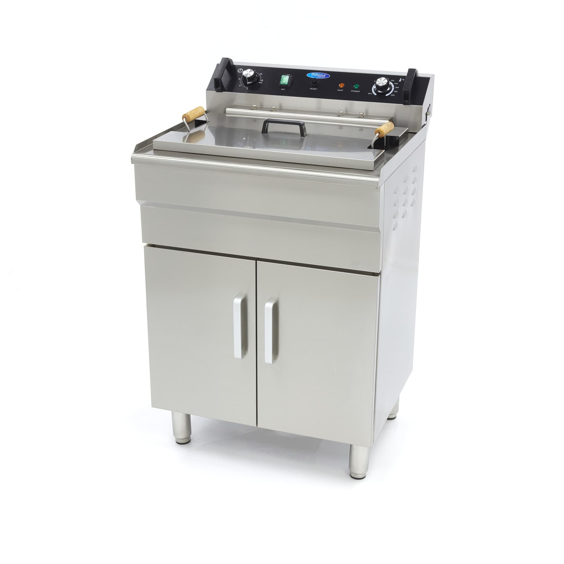 Maxima 09365233 Friggitrice Professionale Elettrica 35 Litri in Acciaio Inox, 1 Cestello, 6000 W, 400 V, Termostato 50-200 °C, Zona Fredda, Rubinetto di Scarico, Protezione Sovraccarico e Armadio, 60,6 x 57,5 x 91,5 cm