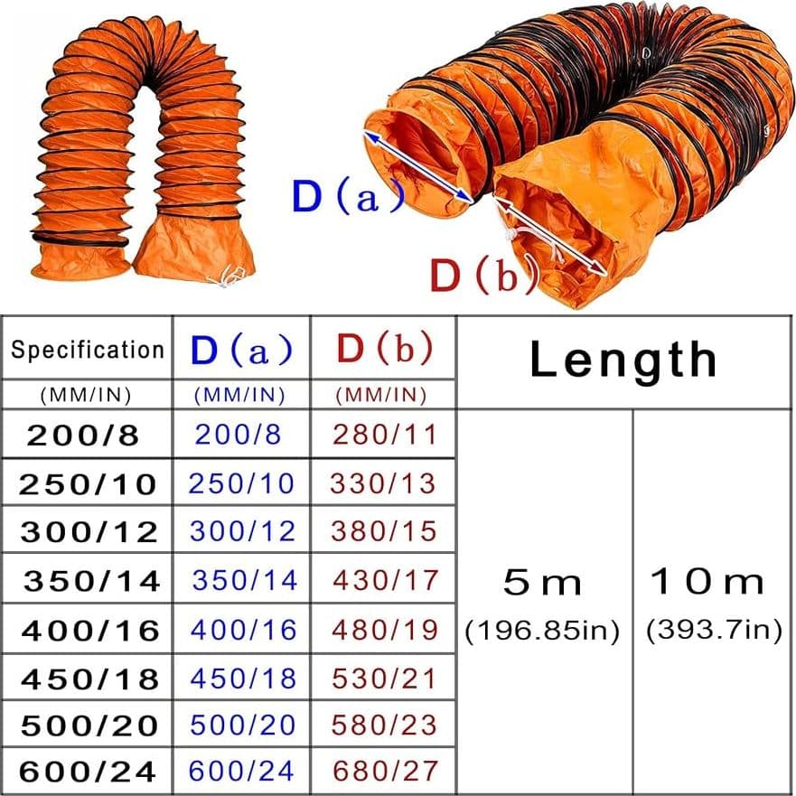 VEVOR TFRGDD255L Tubo Flessibile per Ventilazione e Aspirazione in PVC Arancione, Diametro 10 Pollici 25,5 cm, Lunghezza 25 Piedi 7,6 m, Ignifugo e Rinforzato, con Corde Regolabili e Anelli a D, Uso Industriale - 3