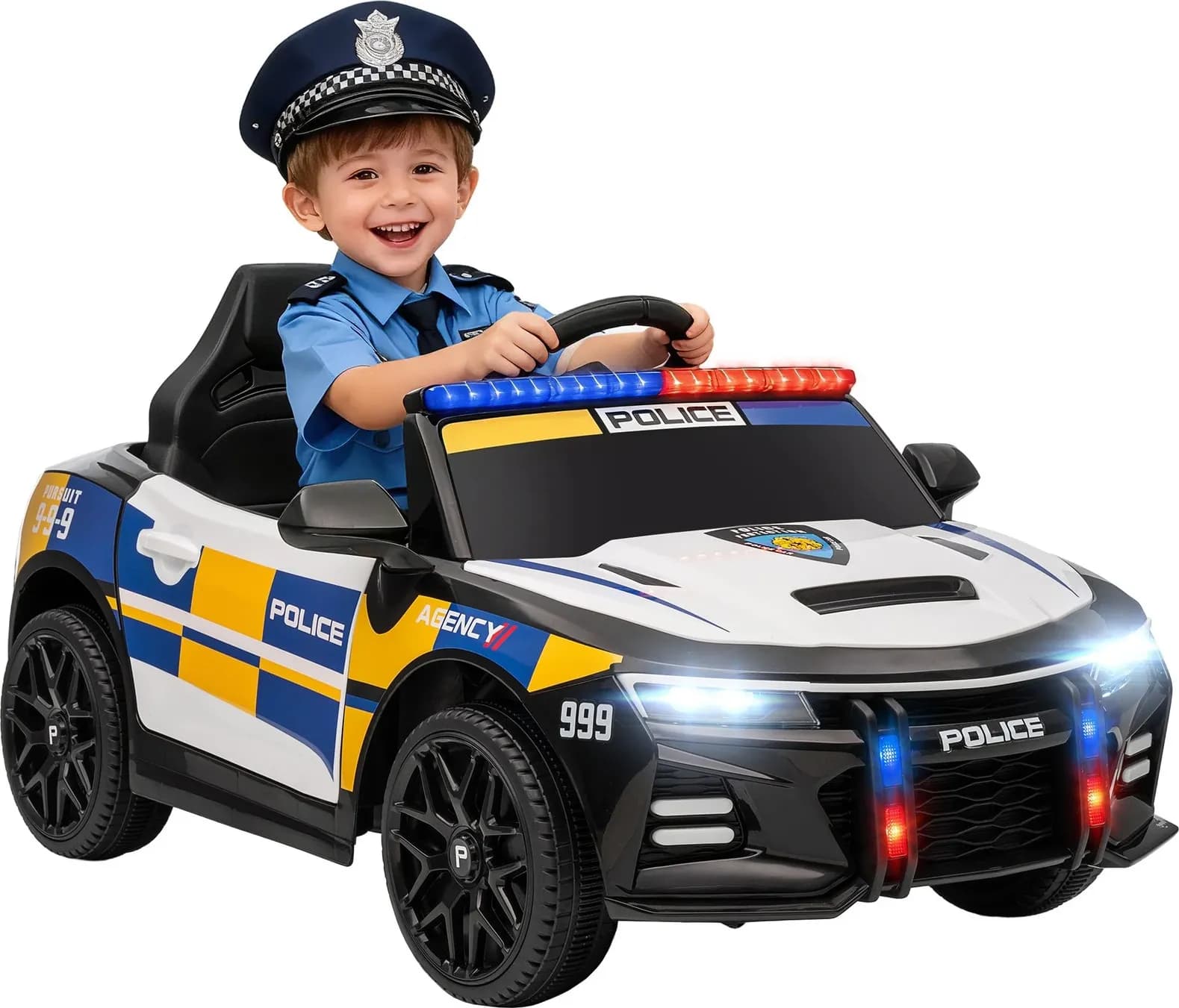 AIYAPLAY 370-402V90MX Auto Elettrica della Polizia per Bambini 3-5 Anni, Batteria 12 V 4,5 Ah, 2 Motori da 25 W, Telecomando 2,4 GHz, Luci, Sirena, Musica, MP3 e USB, Velocità 3-7 km/h, 96 x 60 x 45 cm, Portata 30 kg