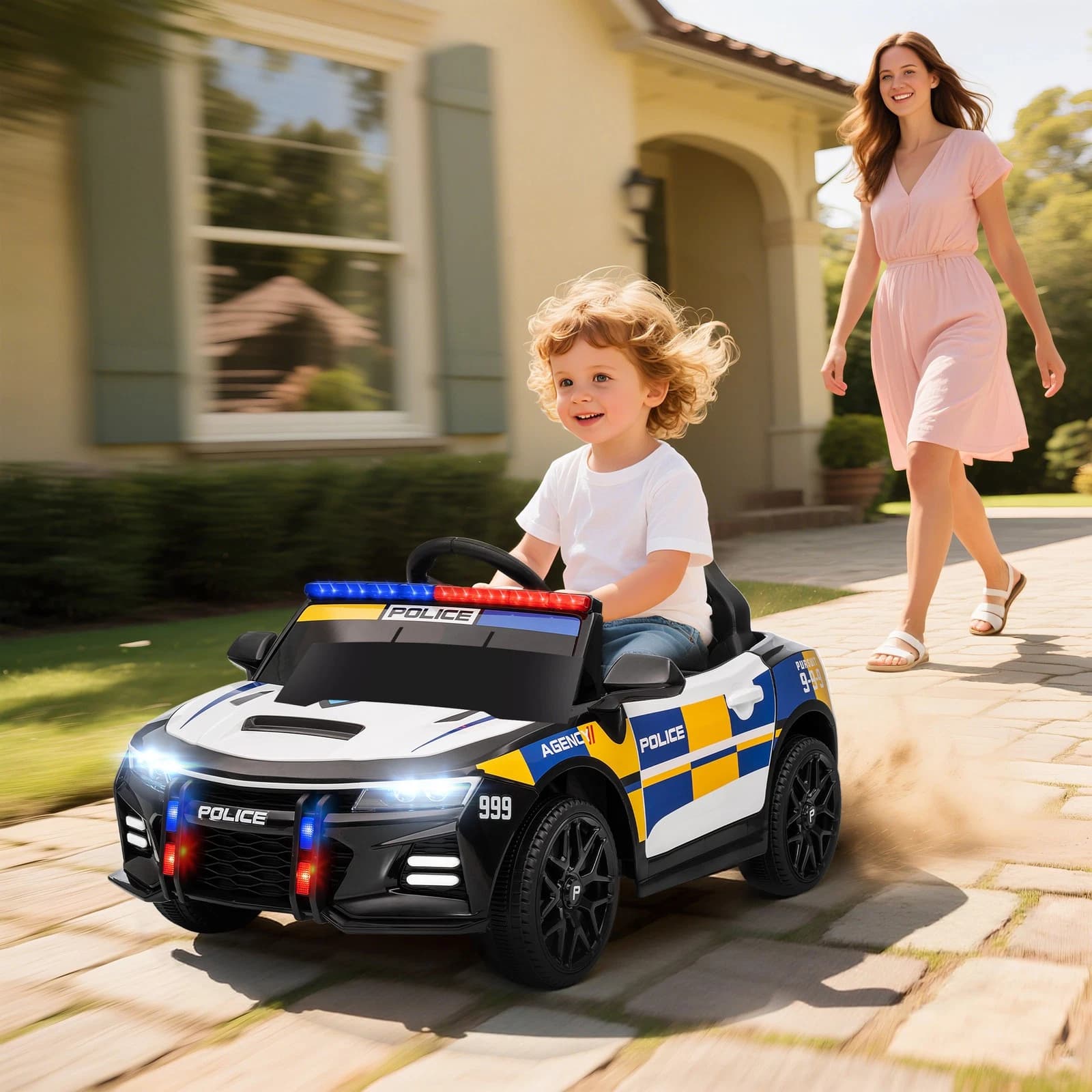 AIYAPLAY 370-402V90MX Auto Elettrica della Polizia per Bambini 3-5 Anni, Batteria 12 V 4,5 Ah, 2 Motori da 25 W, Telecomando 2,4 GHz, Luci, Sirena, Musica, MP3 e USB, Velocità 3-7 km/h, 96 x 60 x 45 cm, Portata 30 kg - 2