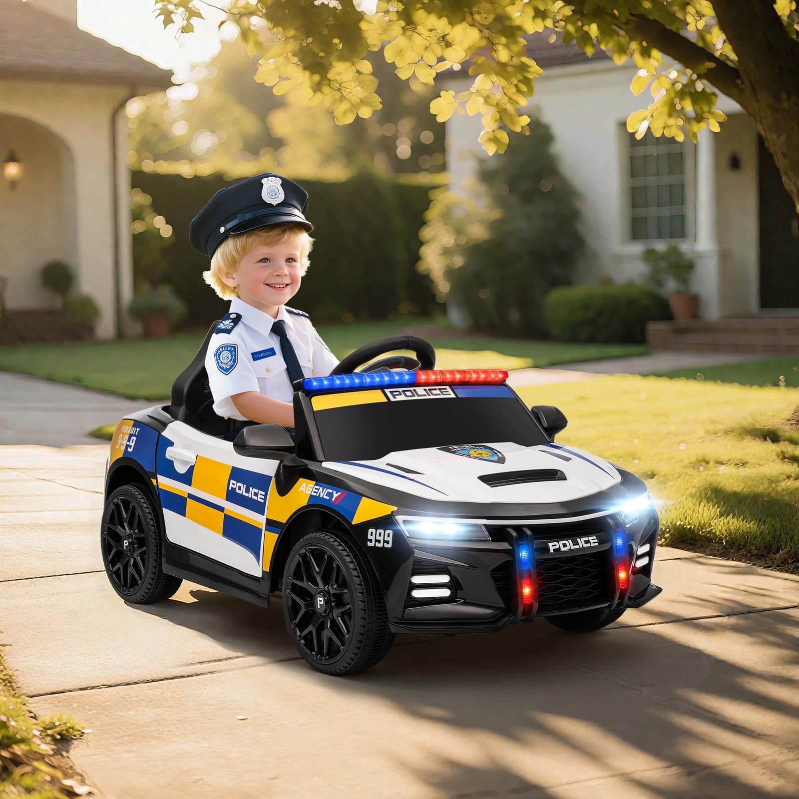 AIYAPLAY 370-402V90MX Auto Elettrica della Polizia per Bambini 3-5 Anni, Batteria 12 V 4,5 Ah, 2 Motori da 25 W, Telecomando 2,4 GHz, Luci, Sirena, Musica, MP3 e USB, Velocità 3-7 km/h, 96 x 60 x 45 cm, Portata 30 kg - 3