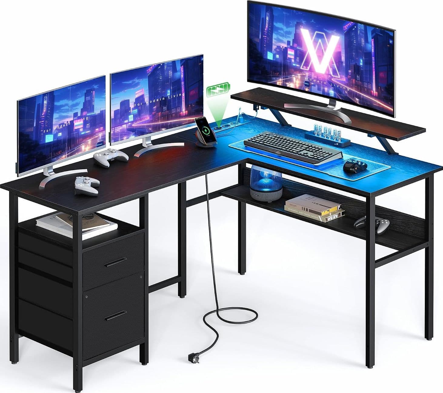 VASAGLE Scrivania a L con Prese di Corrente, Tavolo ad Angolo per Computer con Supporto per Monitor, Luci a LED, 2 Cassetti, 2 Porte USB, Nero Ebano LWD095B01 | Dimensioni 130.00 × 70.00 × 20.00 cm | EAN 0757077470020