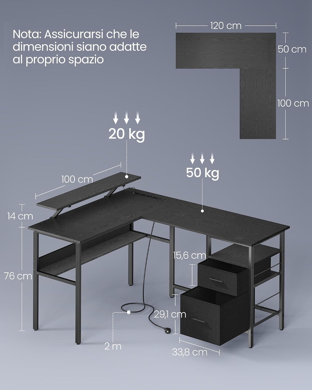 VASAGLE Scrivania a L con Prese di Corrente, Tavolo ad Angolo per Computer con Supporto per Monitor, Luci a LED, 2 Cassetti, 2 Porte USB, Nero Ebano LWD095B01 | Dimensioni 130.00 × 70.00 × 20.00 cm | EAN 0757077470020 - 2