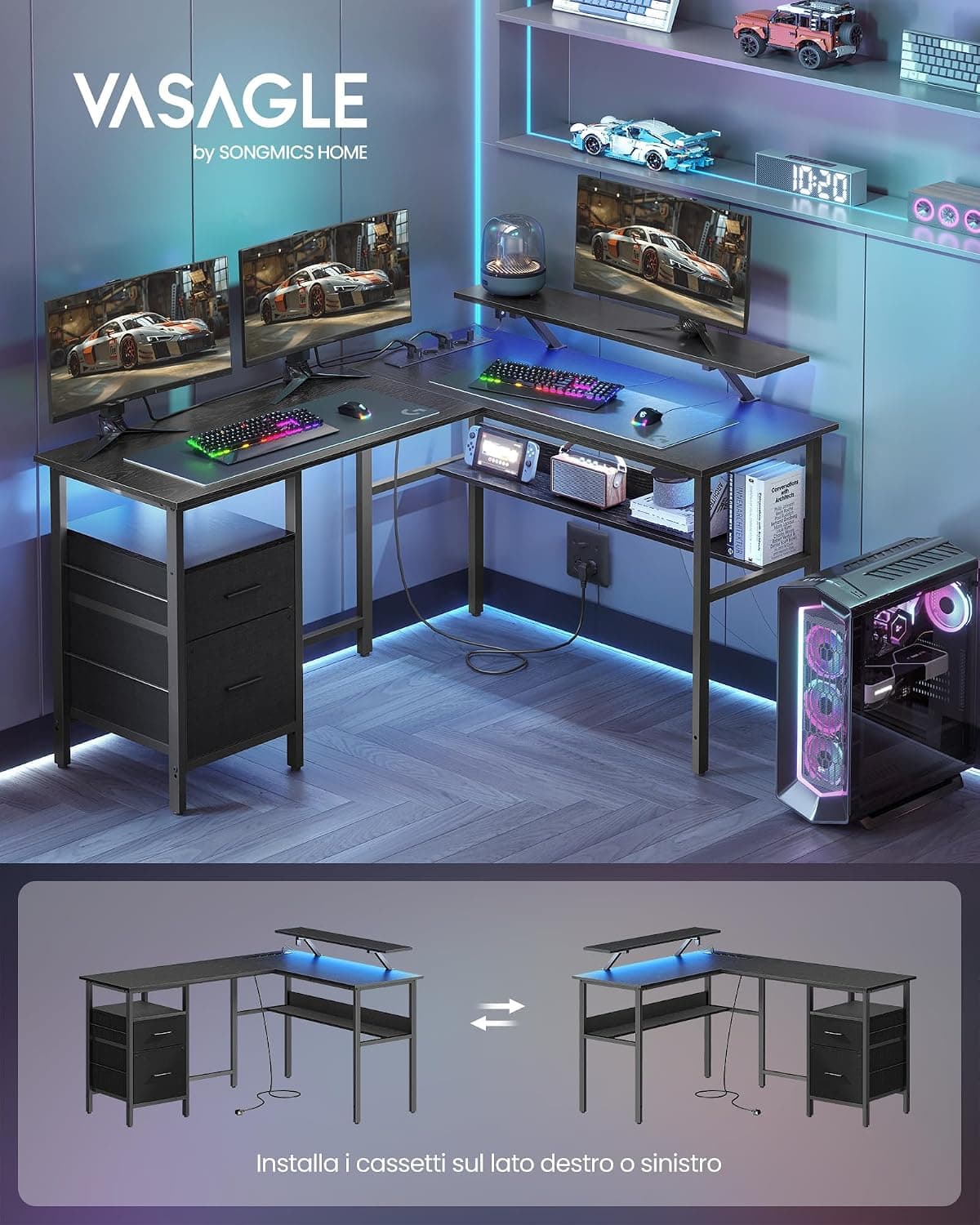 VASAGLE Scrivania a L con Prese di Corrente, Tavolo ad Angolo per Computer con Supporto per Monitor, Luci a LED, 2 Cassetti, 2 Porte USB, Nero Ebano LWD095B01 | Dimensioni 130.00 × 70.00 × 20.00 cm | EAN 0757077470020 - 3