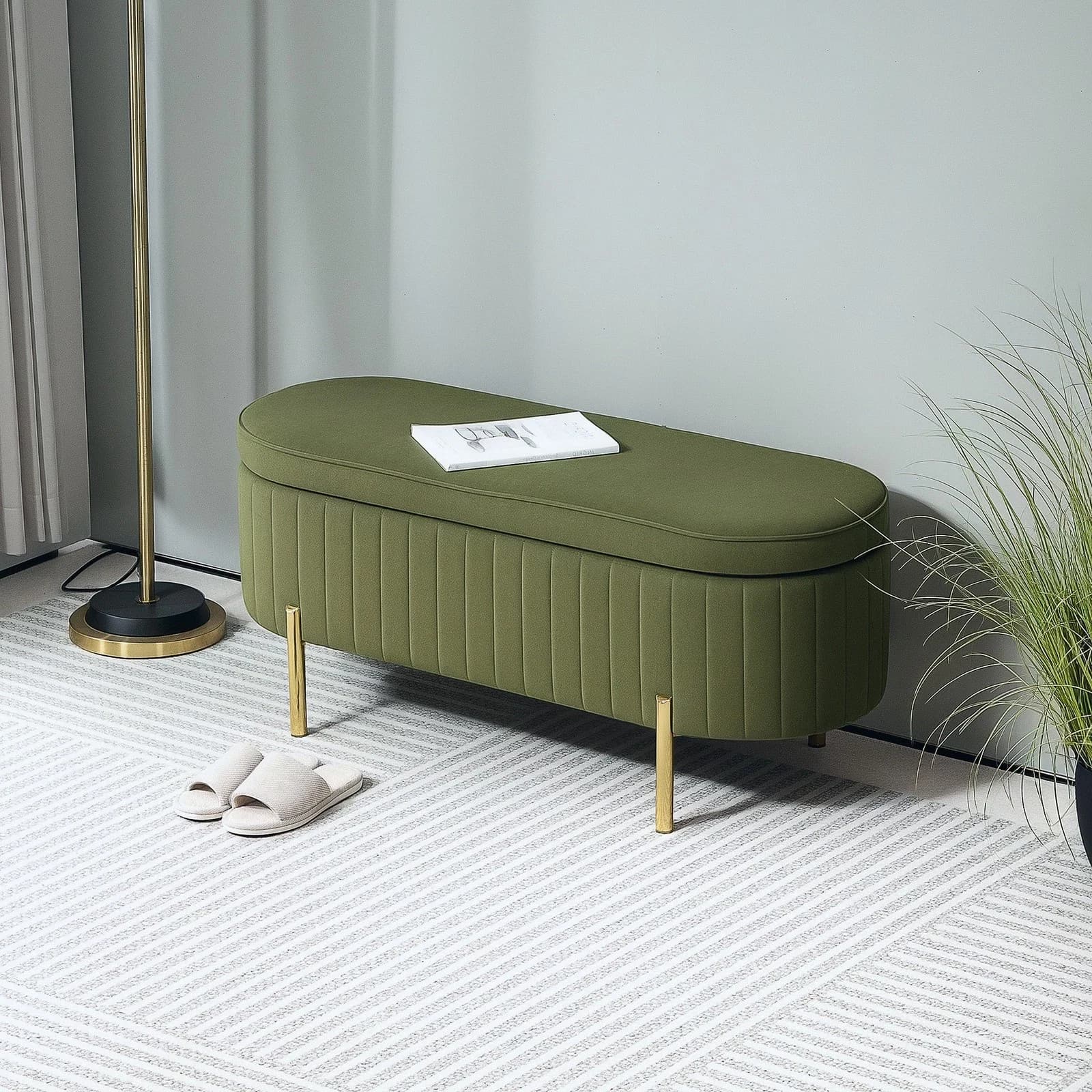 HOMCOM 831-930V00DG Panca Contenitore Ovale Verde Scuro da 72 L, Rivestimento Effetto Velluto Trapuntato a Canali, Coperchio Sollevabile con Doppie Cerniere, Gambe Dorate, Dimensioni 108 x 44 x 43,5 cm, Portata 220 kg - 2