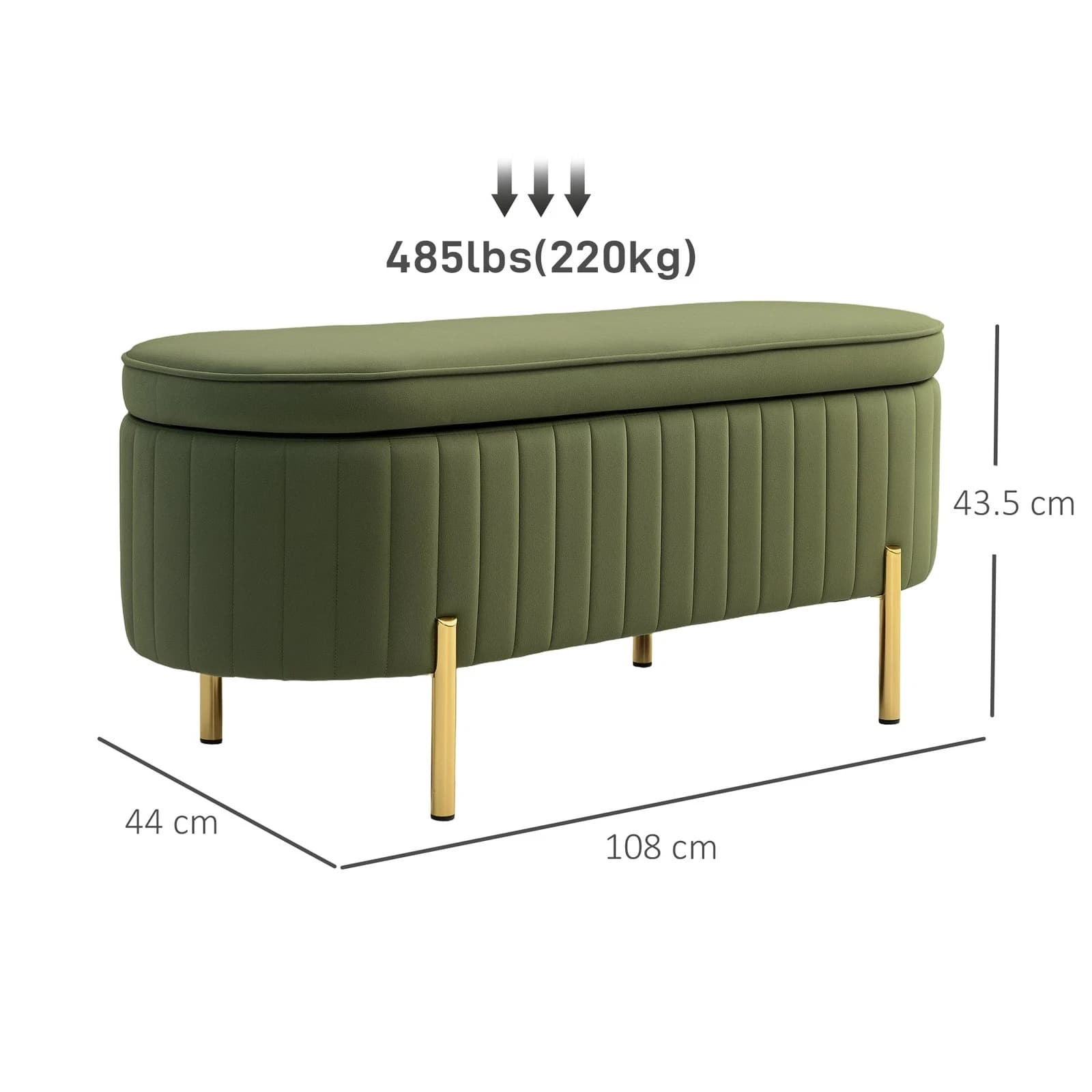 HOMCOM 831-930V00DG Panca Contenitore Ovale Verde Scuro da 72 L, Rivestimento Effetto Velluto Trapuntato a Canali, Coperchio Sollevabile con Doppie Cerniere, Gambe Dorate, Dimensioni 108 x 44 x 43,5 cm, Portata 220 kg - 3