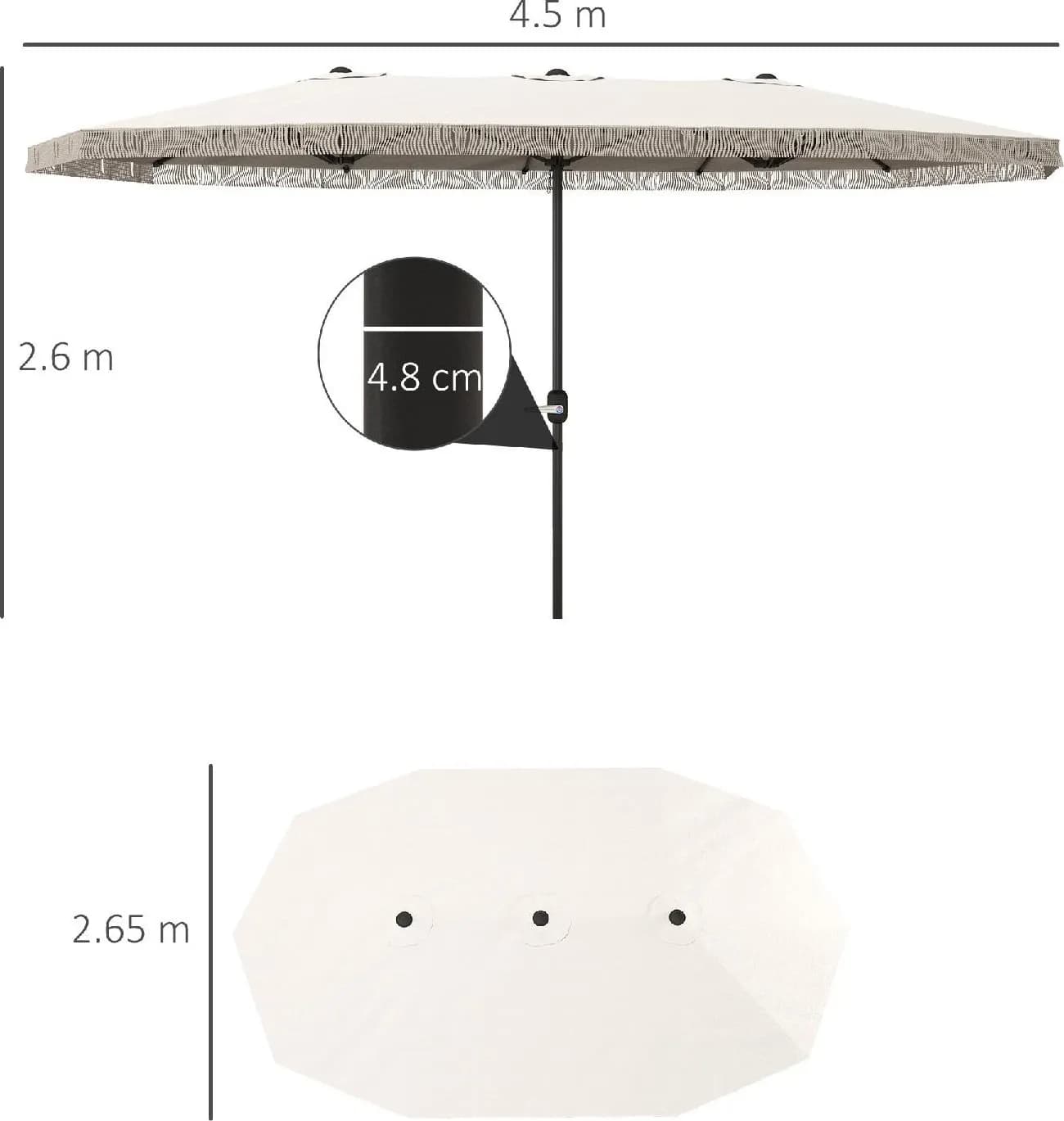Dell Ombrellone da Giardino Doppio DECHOME 450x265x260 cm, 12 Stecche, Manovella, Poliestere Acciaio, Bianco Crema, Protezione UV30+, Resistente agli Schizzi | Dimensioni 250.00 × 30.00 × 30.00 cm | EAN 8059495771140 - 3