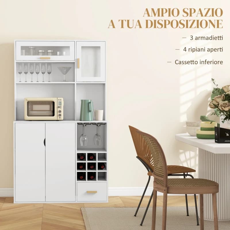 HOMCOM Mobile Dispensa con Portabottiglie, Armadietti, Ripiani e Cassetto, in Truciolato e Legno, 100x38x172 cm, Bianco | Modello 801-352V80WT | Dimensioni 180.00 × 45.00 × 20.00 cm | EAN 8056644224526 - 3