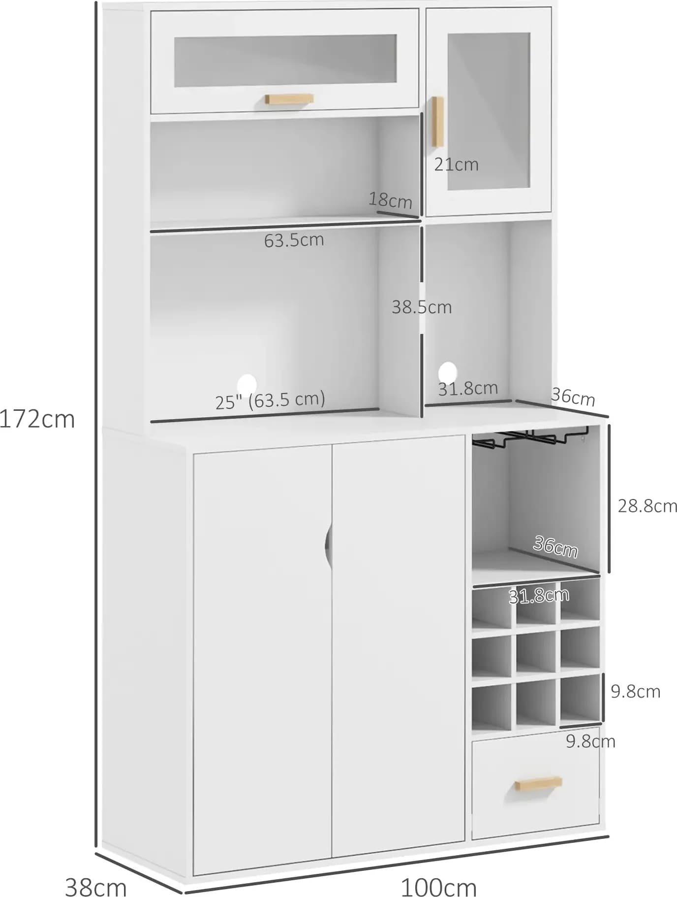 HOMCOM Mobile Dispensa con Portabottiglie, Armadietti, Ripiani e Cassetto, in Truciolato e Legno, 100x38x172 cm, Bianco | Modello 801-352V80WT | Dimensioni 180.00 × 45.00 × 20.00 cm | EAN 8056644224526 - 5