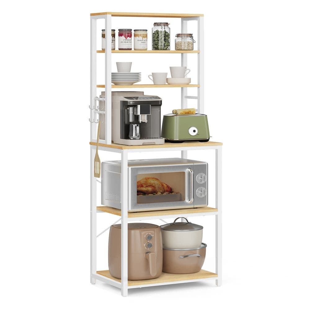 VASAGLE Scaffale da Cucina a 6 Ripiani con 6 Ganci 40 x 60 x 167 cm Rovere e Bianco | Dimensioni 175.00 × 65.00 × 15.00 cm