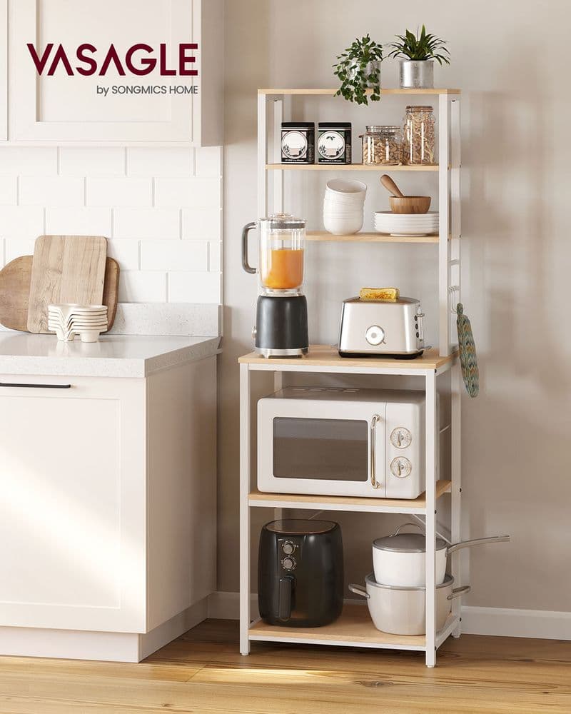 VASAGLE Scaffale da Cucina a 6 Ripiani con 6 Ganci 40 x 60 x 167 cm Rovere e Bianco | Dimensioni 175.00 × 65.00 × 15.00 cm - 2