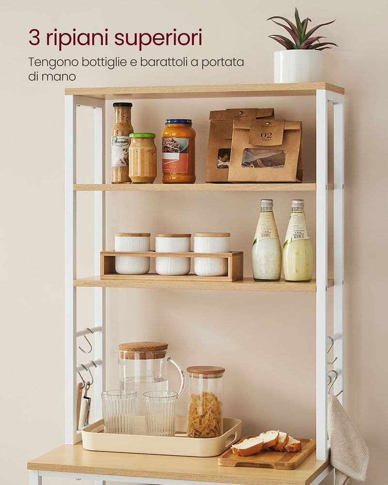 VASAGLE Scaffale da Cucina a 6 Ripiani con 6 Ganci 40 x 60 x 167 cm Rovere e Bianco | Dimensioni 175.00 × 65.00 × 15.00 cm - 4
