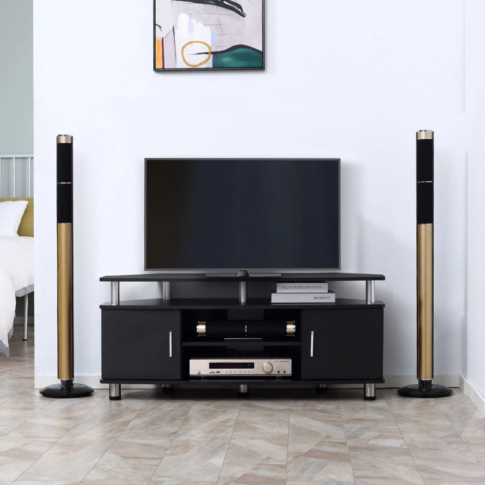 HOMCOM 833-324BK/BN Mobile Porta TV da 120 x 40 x 52 cm con 2 Armadietti Laterali, Vano Centrale con Ripiano e Ampio Piano Superiore, Pannelli Truciolari e Gambe in Acciaio Inox, Portata 60 kg, per Soggiorno, Camera e Ufficio - 2