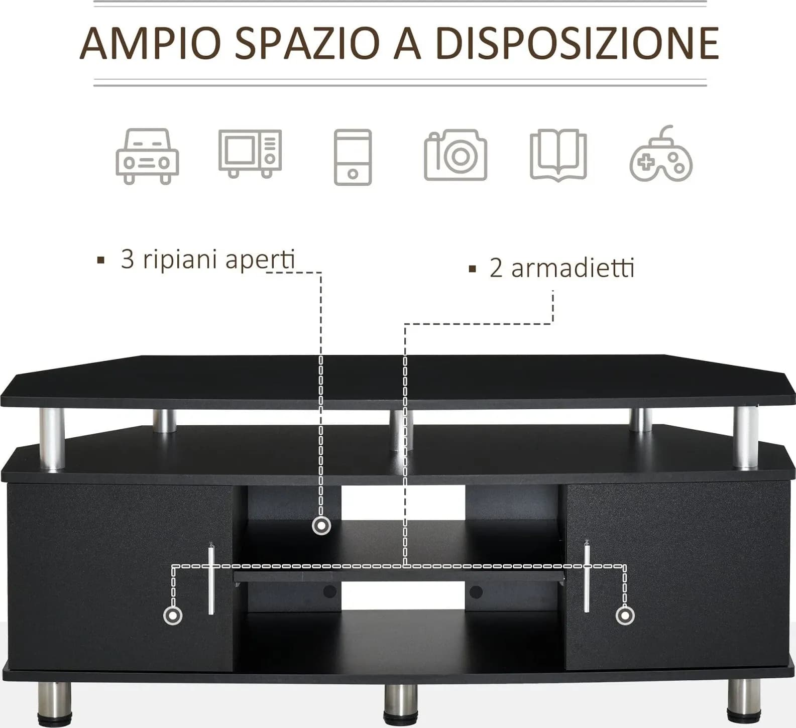 HOMCOM 833-324BK/BN Mobile Porta TV da 120 x 40 x 52 cm con 2 Armadietti Laterali, Vano Centrale con Ripiano e Ampio Piano Superiore, Pannelli Truciolari e Gambe in Acciaio Inox, Portata 60 kg, per Soggiorno, Camera e Ufficio - 3
