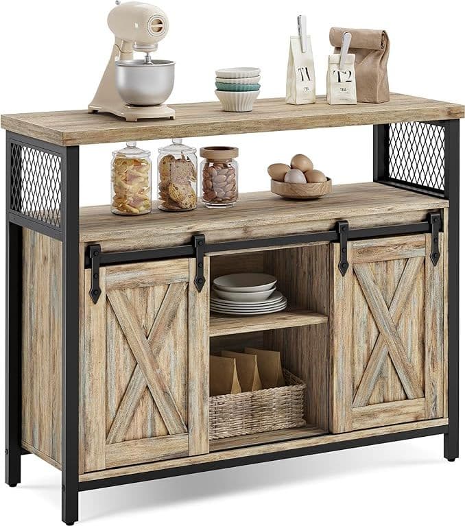 Credenza, Mobile da Cucina, Armadietto Organizzatore, con 2 Ante Scorrevoli, 33 x 100 x 80 cm, Ripiani Regolabili, Stile Country, per Soggiorno, Marrone Vintage e Nero Inchiostro | Dimensioni 110.00 × 45.00 × 20.00 cm