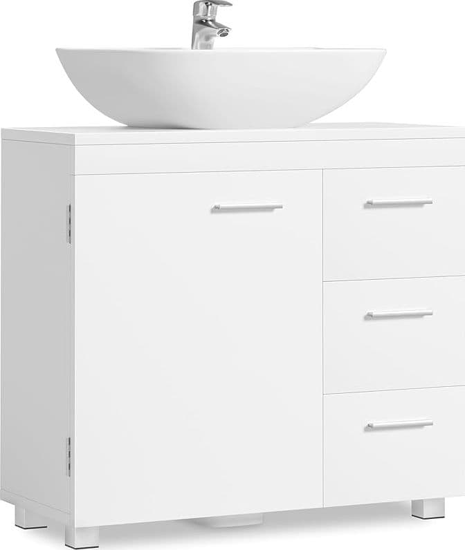 Dell Mobile Sottolavabo per Bagno, Mobiletto da Bagno, 3 Cassetti Laterali, 2 Scomparti dietro l'Anta, per Lavabi con Colonna, con Piedini, 30 x 70 x 64 cm, Bianco Nuvola BBK504W01 | Dimensioni 80.00 × 40.00 × 20.00 cm - 2