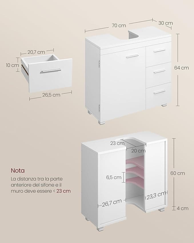 Dell Mobile Sottolavabo per Bagno, Mobiletto da Bagno, 3 Cassetti Laterali, 2 Scomparti dietro l'Anta, per Lavabi con Colonna, con Piedini, 30 x 70 x 64 cm, Bianco Nuvola BBK504W01 | Dimensioni 80.00 × 40.00 × 20.00 cm - 3