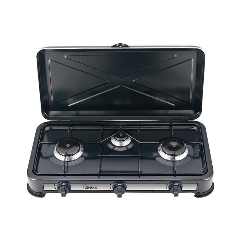 ARDES AR1FG03 Odino 3 Fornello a Gas GPL da Appoggio con 3 Fuochi, Potenza 2900 W, Struttura in Acciaio Nero, Fiamma Regolabile, Coperchio e Piedini in Plastica | Dimensioni 65.00 × 35.00 × 15.00 cm | EAN 8004032112757 - 2