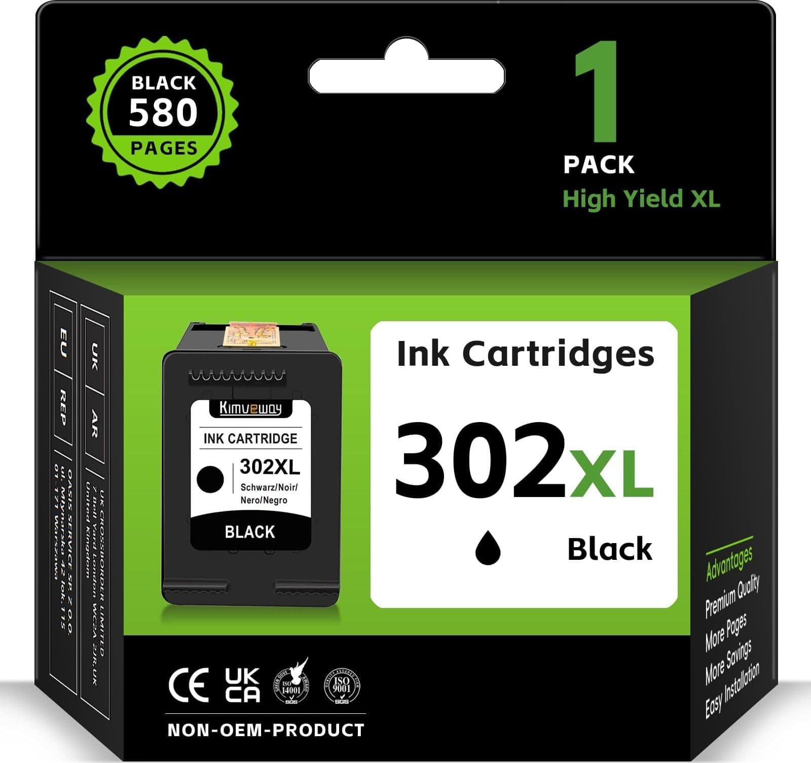 Cartuccia Compatibile Rigenerata per HP 302XL Nero F6U68AE, Inchiostro Nero ad Alta Capacita 15 ml fino a 480 Pagine, per HP DeskJet 1110, 2130 e 3630, HP Envy 4520 e HP OfficeJet 3830, 4650 e Serie 5200, EAN 0700443247610
