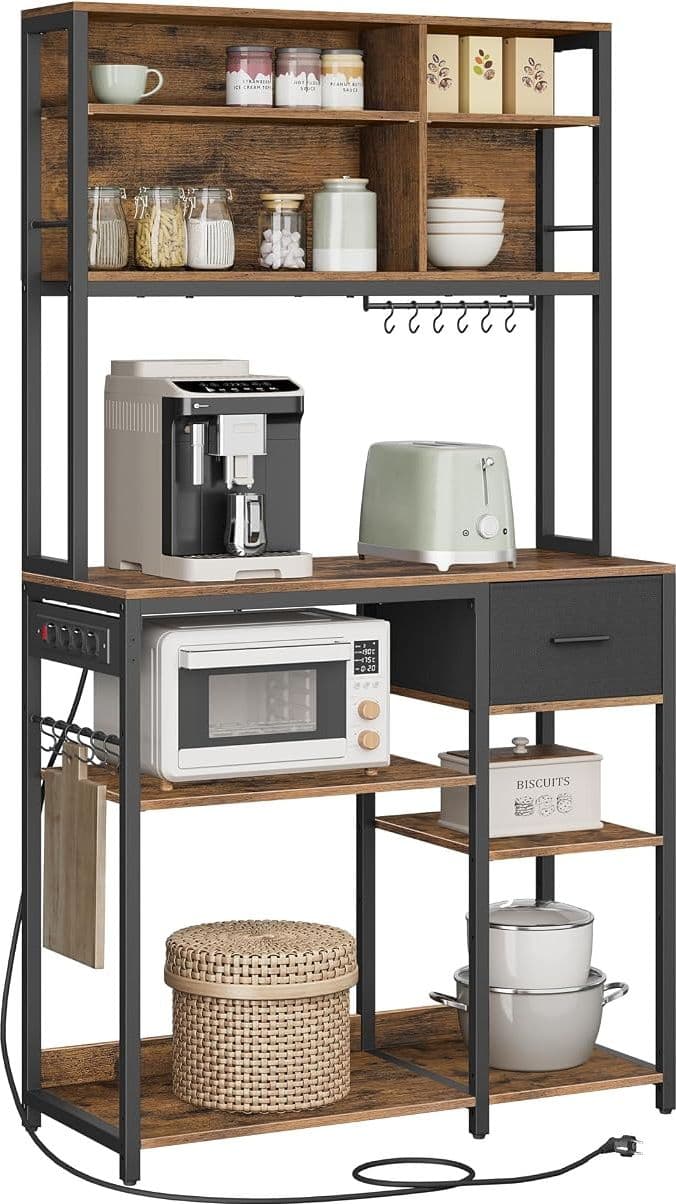 VASAGLE KKS015Y02 Scaffale da Cucina con Multipresa, Struttura 40 x 80 x 180,4 cm, Ripiani Regolabili, Cassetto in Tessuto e Ganci, Finitura Rovere Dorato e Bianco Nuvola, per Microonde e Piccoli Elettrodomestici, Modello KKS015Y02 - 2
