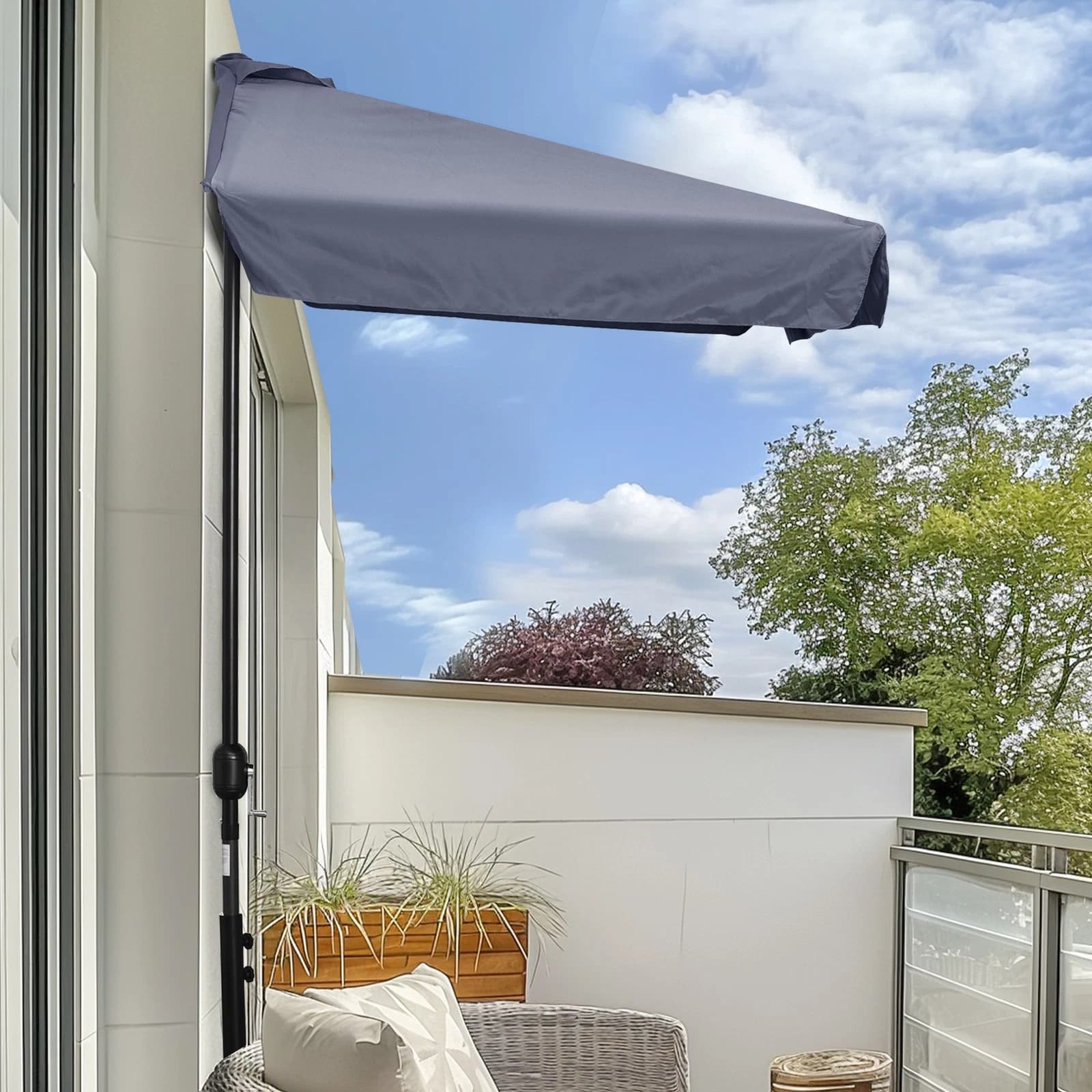 Outsunny Ombrellone Semicircolare da Parete 230 x 130 x 249 cm, Grigio, Apertura a Manovella, Struttura in Metallo e Telo in Poliestere Impermeabile con Protezione UV, Sfiato Superiore, per Balcone e Terrazza, Uso Addossato a Parete - 2