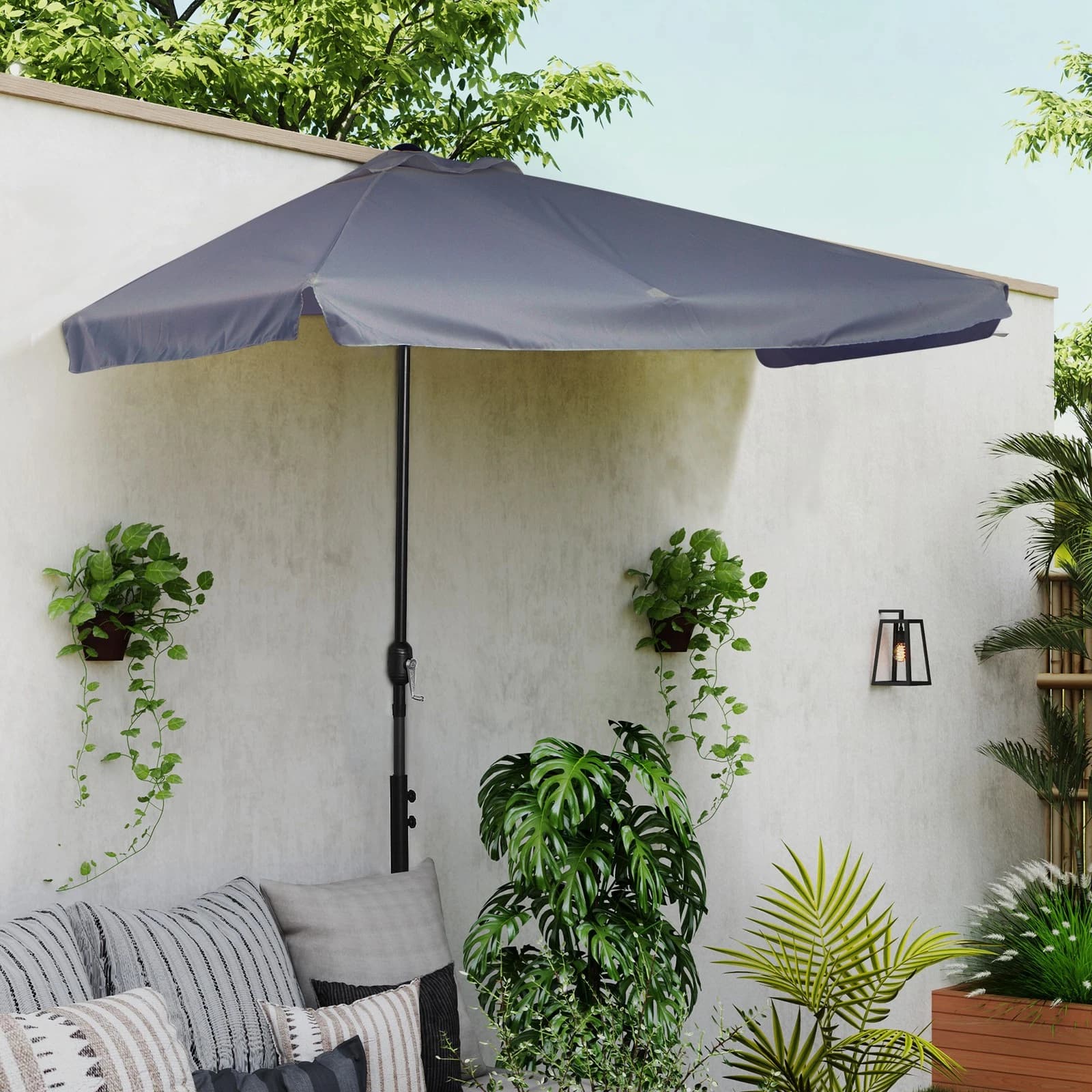 Outsunny Ombrellone Semicircolare da Parete 230 x 130 x 249 cm, Grigio, Apertura a Manovella, Struttura in Metallo e Telo in Poliestere Impermeabile con Protezione UV, Sfiato Superiore, per Balcone e Terrazza, Uso Addossato a Parete - 3