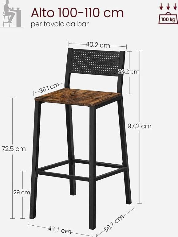 VASAGLE Sgabelli Cucina, Set da 2, Sgabelli da Bar, Sgabelli Alti per Cucina Sala da Pranzo Studio, Stile Industriale, Marrone Vintage e Nero LBC070B01 | Dimensioni 90.00 × 50.00 × 20.00 cm | EAN 194343023465 - 3