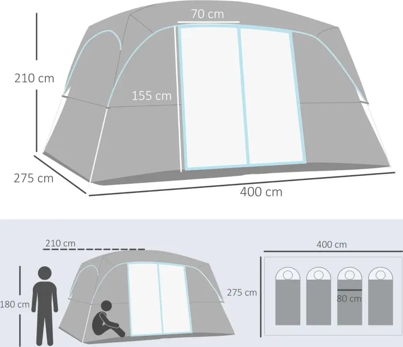 Tenda da Campeggio 4 Persone Impermeabile con 2 Stanze e Finestre a Rete, 400x275x210 cm, Grigia | Dimensioni 70.00 × 30.00 × 30.00 cm - 3