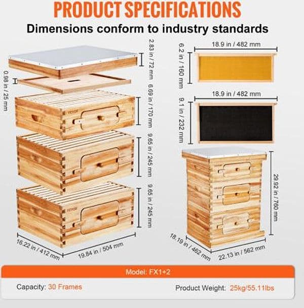 VEVOR FX1+2 Arnia Zander in Legno di Cedro Cerato per 30 Telai, 3 Finestre di Osservazione in Acrilico, Giunti a Coda di Rondine, Escludiregina e Riduttore d’Ingresso Inclusi, Dimensioni 76 x 56,2 x 46,2 cm, Peso 25 kg - 2