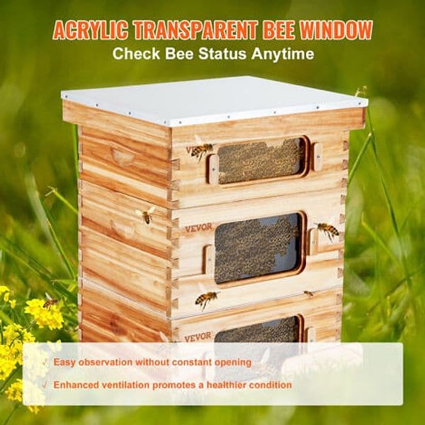 VEVOR FX1+2 Arnia Zander in Legno di Cedro Cerato per 30 Telai, 3 Finestre di Osservazione in Acrilico, Giunti a Coda di Rondine, Escludiregina e Riduttore d’Ingresso Inclusi, Dimensioni 76 x 56,2 x 46,2 cm, Peso 25 kg - 4