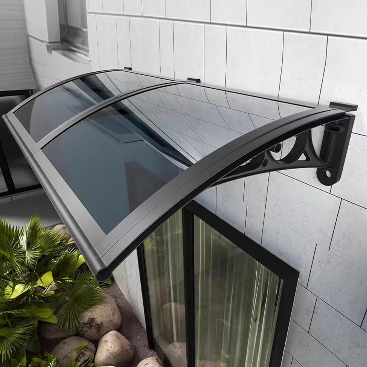 Outsunny B70-058V03CR Tettoia Curva Modulare per Porte e Finestre 303 x 96 x 27 cm, Pannelli Trasparenti in Policarbonato, Supporti Neri in PP e Barre in Alluminio, Protezione da Pioggia, Neve e Raggi UV, Montaggio a Parete - 2